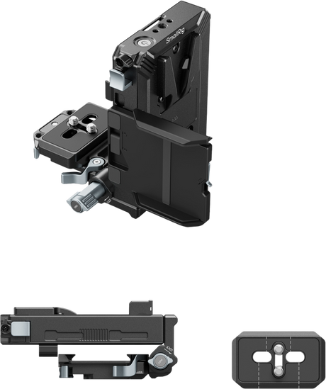 Black V-mount plate kit angled view with top mount and locking knobs