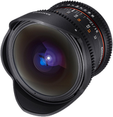 Angled view of fisheye lens front glass, black hood/cap, knurled grip ring