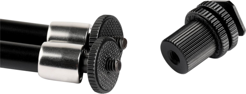 Interlocking clamp section with textured dials and threaded mounting stud on camera arm