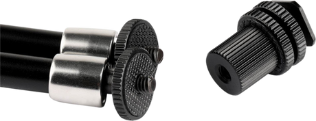 Interlocking clamp section with textured dials and threaded mounting stud on camera arm