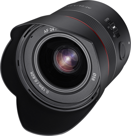 Diagonal view of black AF 24mm f/1.8 FE lens with front glass element and grip ring
