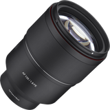 Black 135mm f/1.8 FE camera lens with textured grip and front element