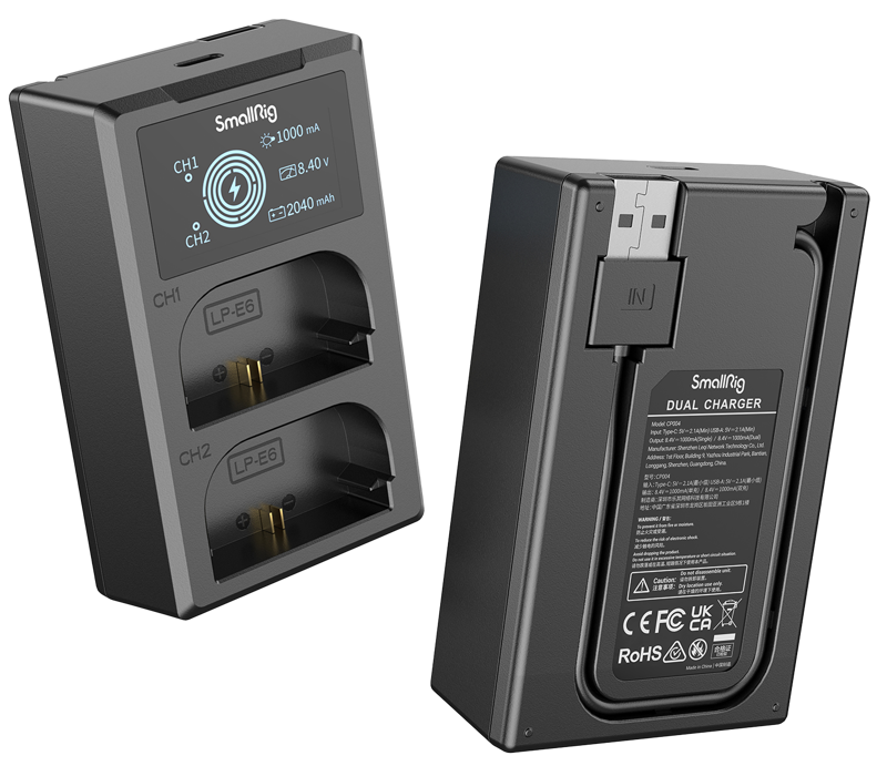 Dual battery charger showing front bays and rear label, with LP‑E6N batteries installed