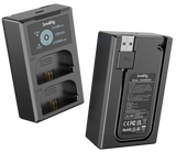 Dual battery charger showing front bays and rear label, with LP‑E6N batteries installed