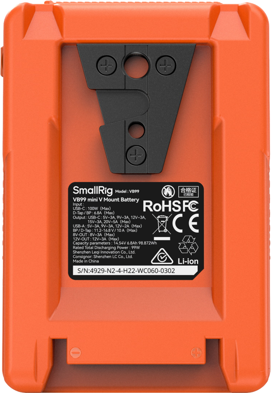 Orange V-mount battery back with model label, specs, and certification icons