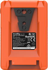 Orange V-mount battery back with model label, specs, and certification icons