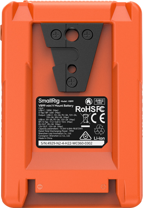 Orange V-mount battery back with model label, specs, and certification icons