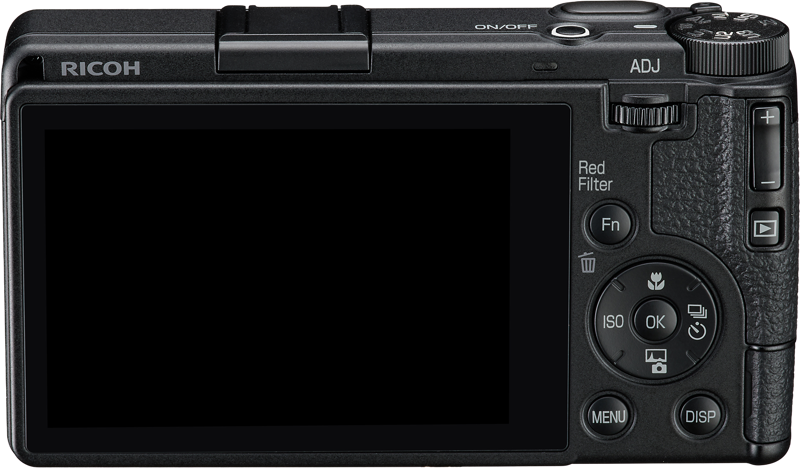 Aparat foto compact Ricoh GR IV, spate cu ecran LCD și butoane de control.