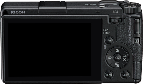 Aparat foto compact Ricoh GR IV, spate cu ecran LCD și butoane de control.