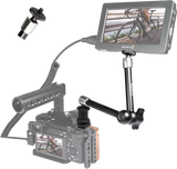 Articulating arm setup holding a monitor and camera, with ball joint and mounting base