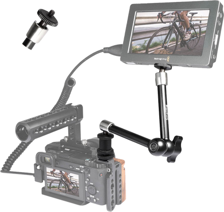 Articulating arm setup holding a monitor and camera, with ball joint and mounting base