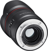 Back view of black AF 24mm f/1.8 FE lens with silver mount contacts and red stripe