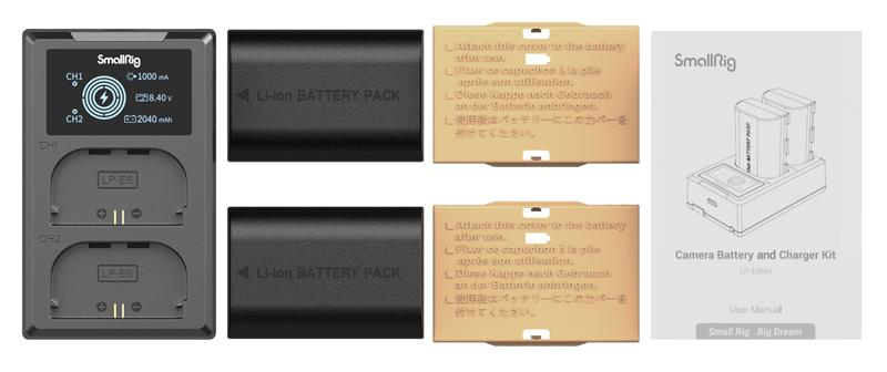 Battery and charger kit: dual dock, two LP‑E6N batteries, and user manual