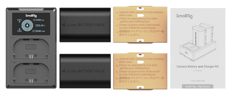 Battery and charger kit: dual dock, two LP‑E6N batteries, and user manual