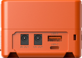 Orange V-mount battery bottom ports: 8V OUT, 12V OUT, USB-A and USB-C