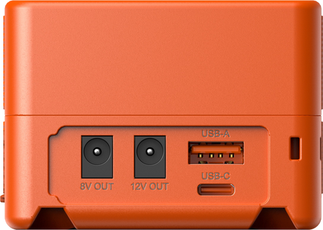 Orange V-mount battery bottom ports: 8V OUT, 12V OUT, USB-A and USB-C