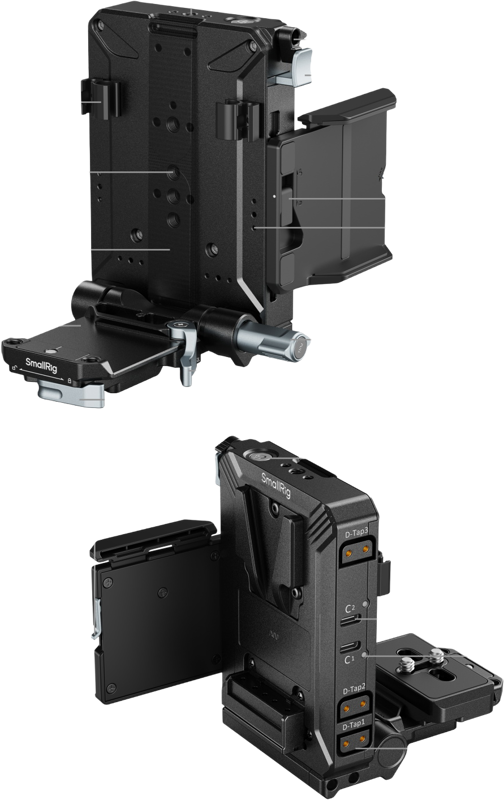 Black V-mount plate kit with support arms, screw holes, and multiple plates