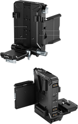 Black V-mount plate kit with support arms, screw holes, and multiple plates
