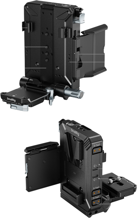 Black V-mount plate kit with support arms, screw holes, and multiple plates
