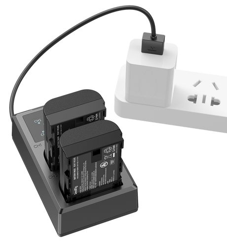 Dual charger dock with two LP‑E6N batteries and plug-in power adapter