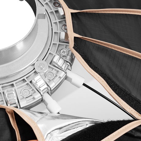 Parabolic softbox 90cm Bowens mount close-up with silver mount ring and fabric edge