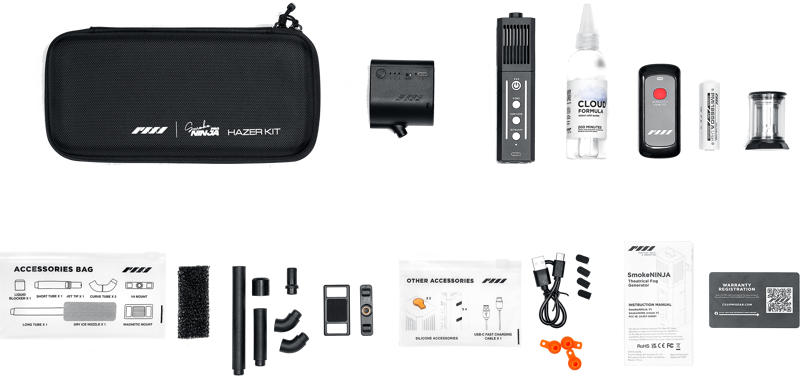 Kit de haze PMI SmokeNINJA-PRO cu geantă, manual și componente pentru duze