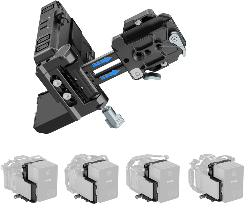 V-mount plate kit with adjustment lever and two mounting positions, blue markings