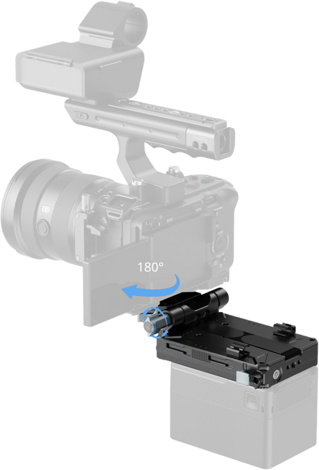V-mount plate kit rotating 180° on camera, showing mounting plate and arm