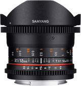 Black 12mm fisheye lens side view showing orange distance marks and mounting flange