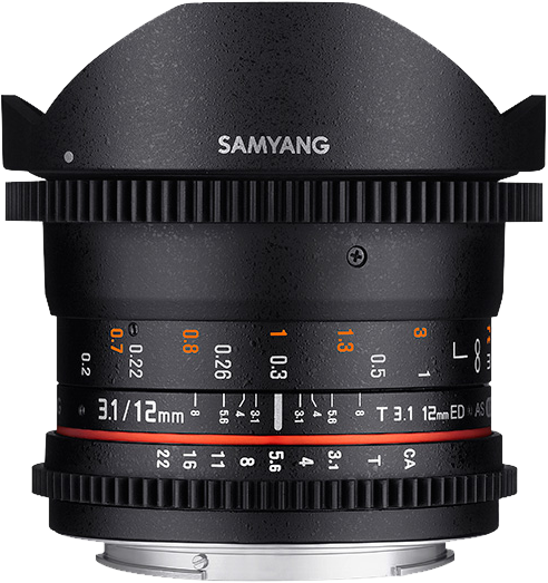 Black fisheye lens barrel with T3.1/12mm markings and red trim ring