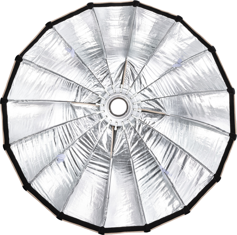 Parabolic softbox 90cm with reflective silver interior and black outer frame