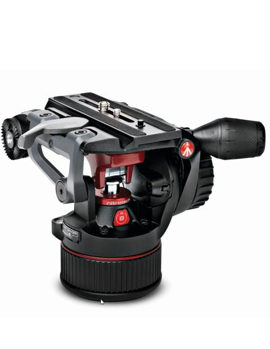 Video fluid tripod head front view, textured handle and red-tinted control details, black