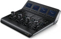 Black video switcher control panel with fader knobs, buttons, and camera display screens