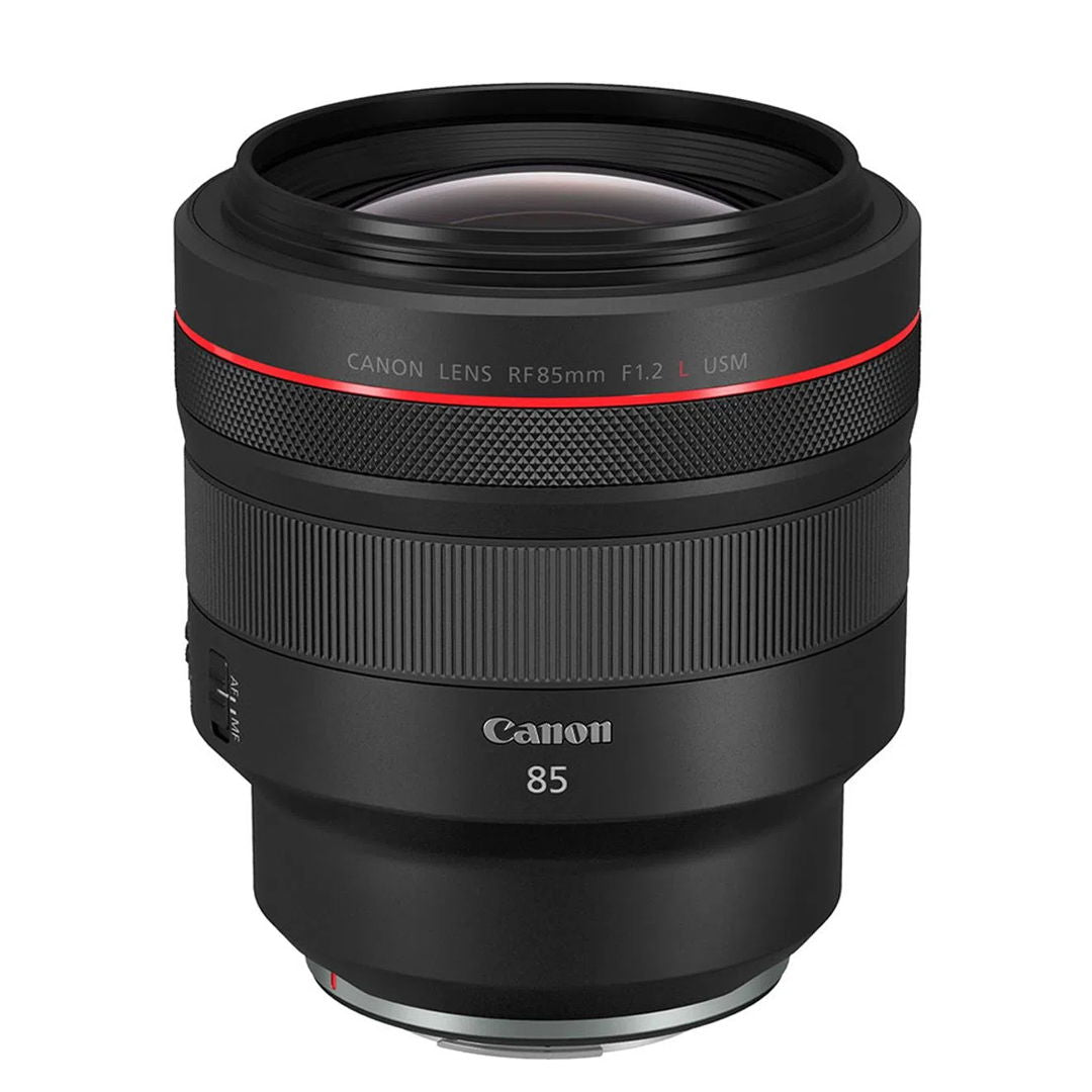 Black RF85mm f/1.2 lens front element, textured focus ring and red accent band