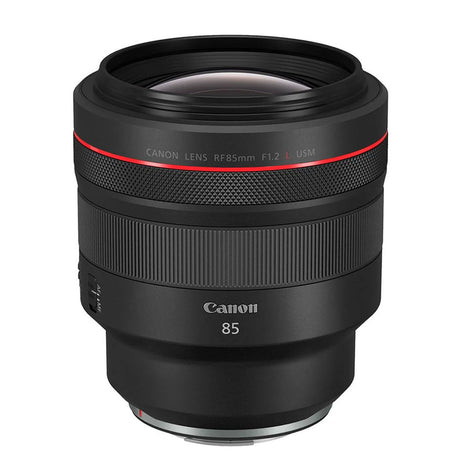 Black RF85mm f/1.2 lens front element, textured focus ring and red accent band