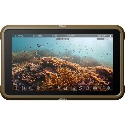 Ninja 5.2" 4K HDMI monitor recorder, front view with coral reef on screen