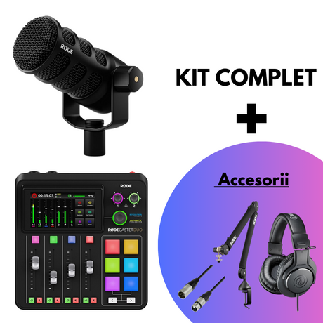 Streaming kit: black PodMic USB mic, Rodecaster Duo mixer, headset and audio cables