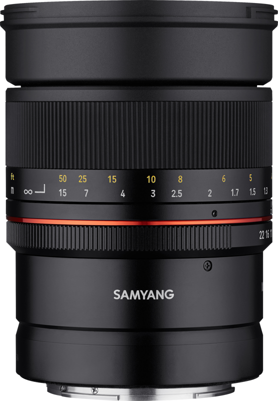 Lens barrel close-up, orange/red line across aperture scale, black ribbed grip