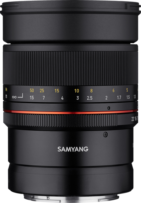 Lens barrel close-up, orange/red line across aperture scale, black ribbed grip