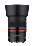 Samyang 85mm F1.4 MF lens, front and distance scale ring, black barrel
