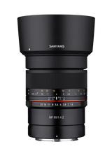 Samyang 85mm F1.4 MF lens, front and distance scale ring, black barrel