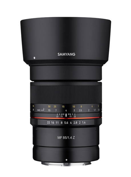 Samyang 85mm F1.4 MF lens, front and distance scale ring, black barrel