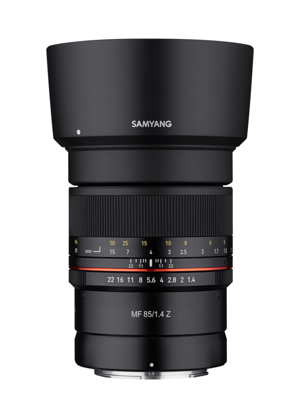 Samyang 85mm F1.4 MF lens, front and distance scale ring, black barrel