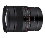 85mm F1.4 MF lens side view, textured focus ring with orange/red depth markings