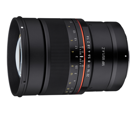 85mm F1.4 MF lens side view, textured focus ring with orange/red depth markings