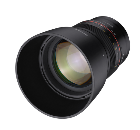 Front element of 85mm F1.4 MF lens, glass and hood profile, black exterior