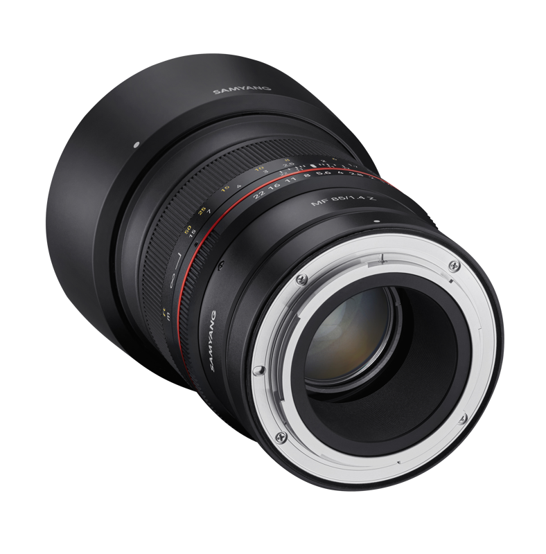 Rear mount side of 85mm F1.4 MF lens, silver contact ring and black body