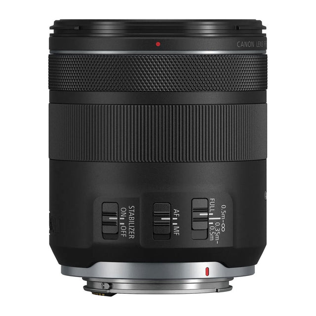 Canon RF 85mm f/2 macro lens rear controls and mount, black textured grip