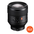 Black Sony FE 85mm F1.4 GM camera lens with front element and E-mount
