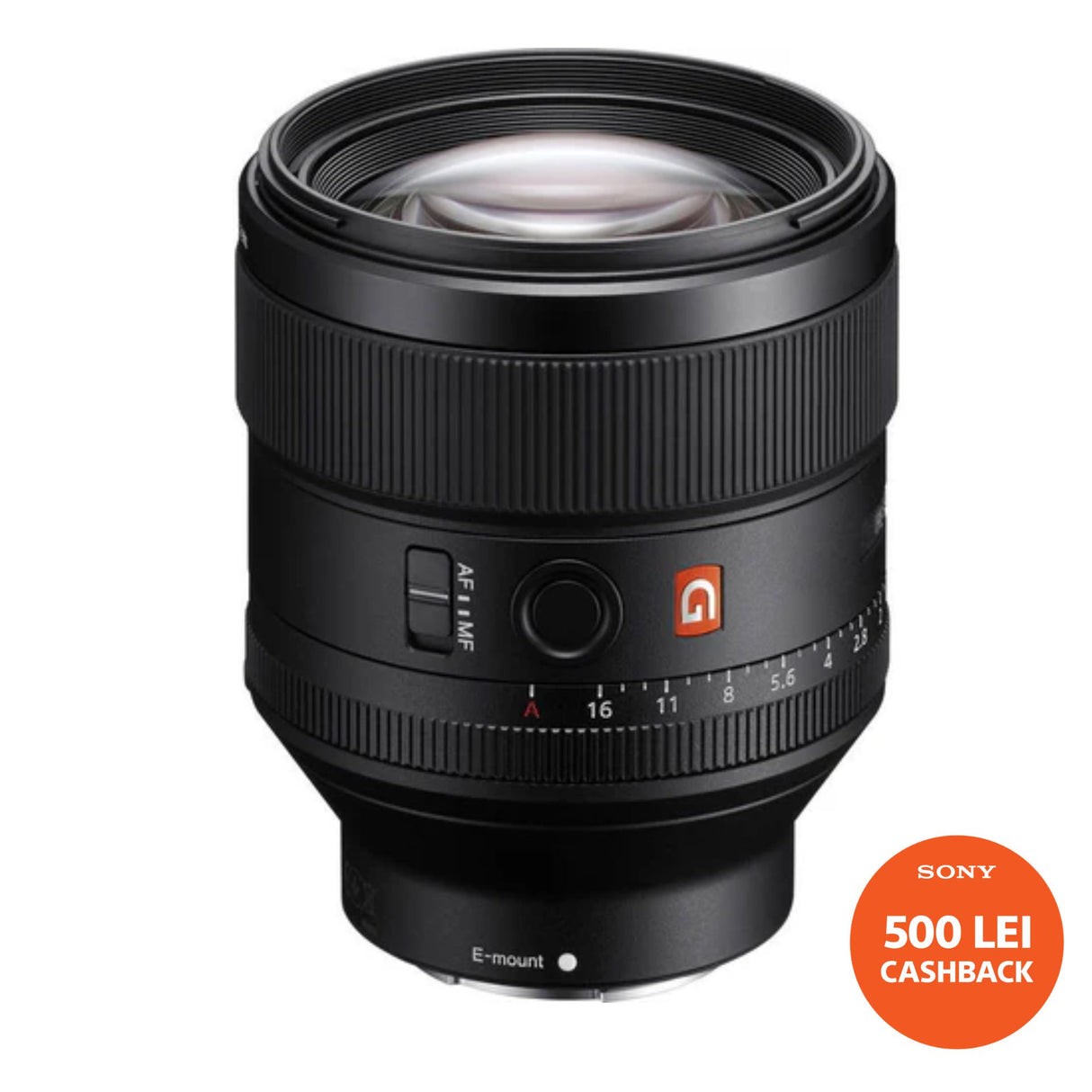 Black Sony FE 85mm F1.4 GM camera lens with front element and E-mount